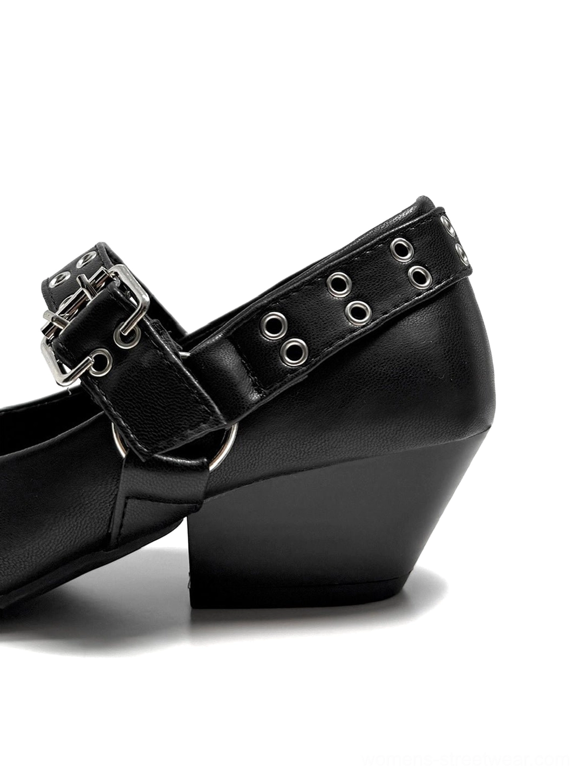Black buckle-strap pointed Mary Jane pumps with low block heel and architectural metal hardware detail
