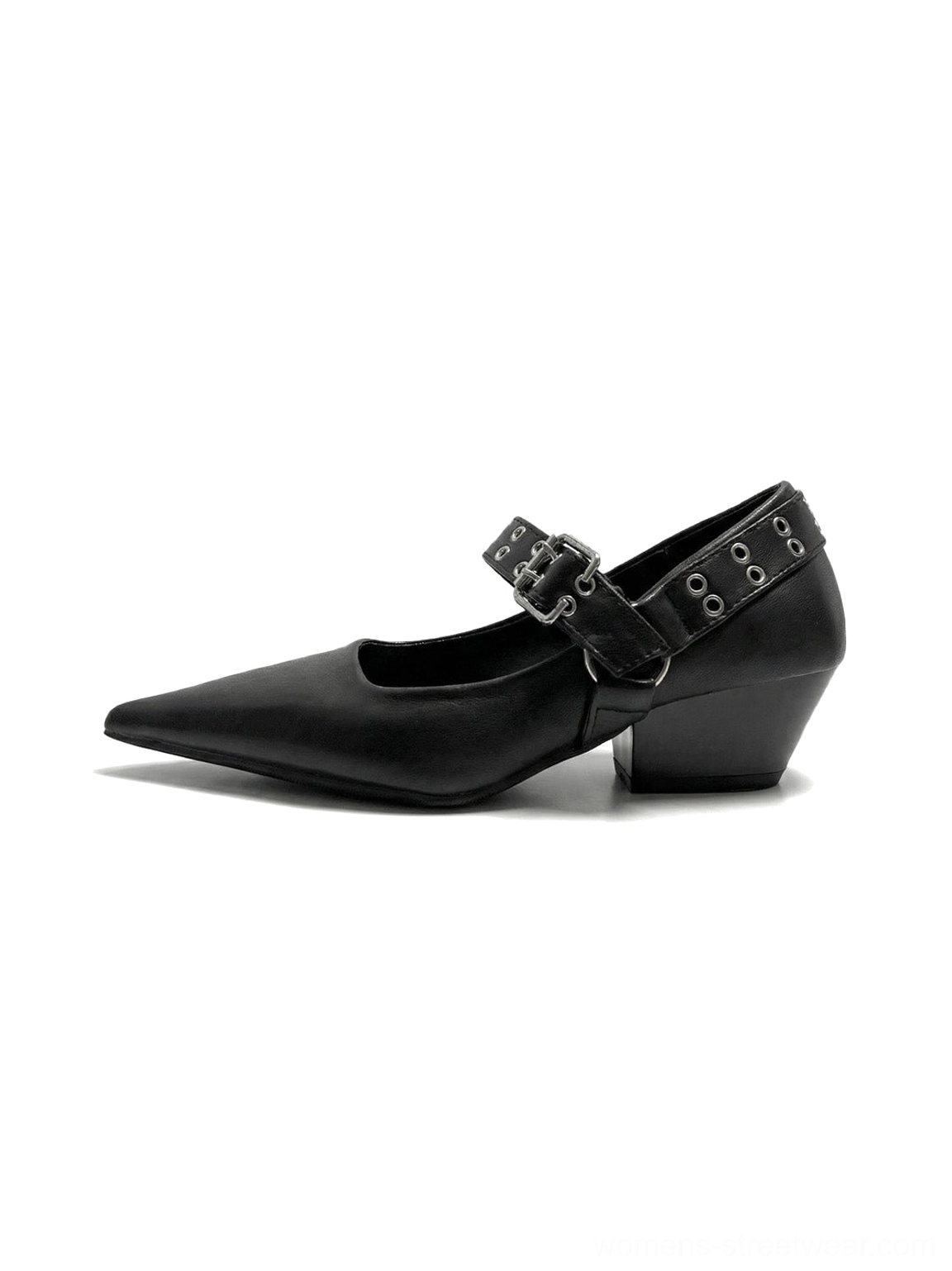 Black pointed Mary Jane pumps with wide buckle strap, metal eyelets, smooth leather-look upper, and low block heel shown in side profile