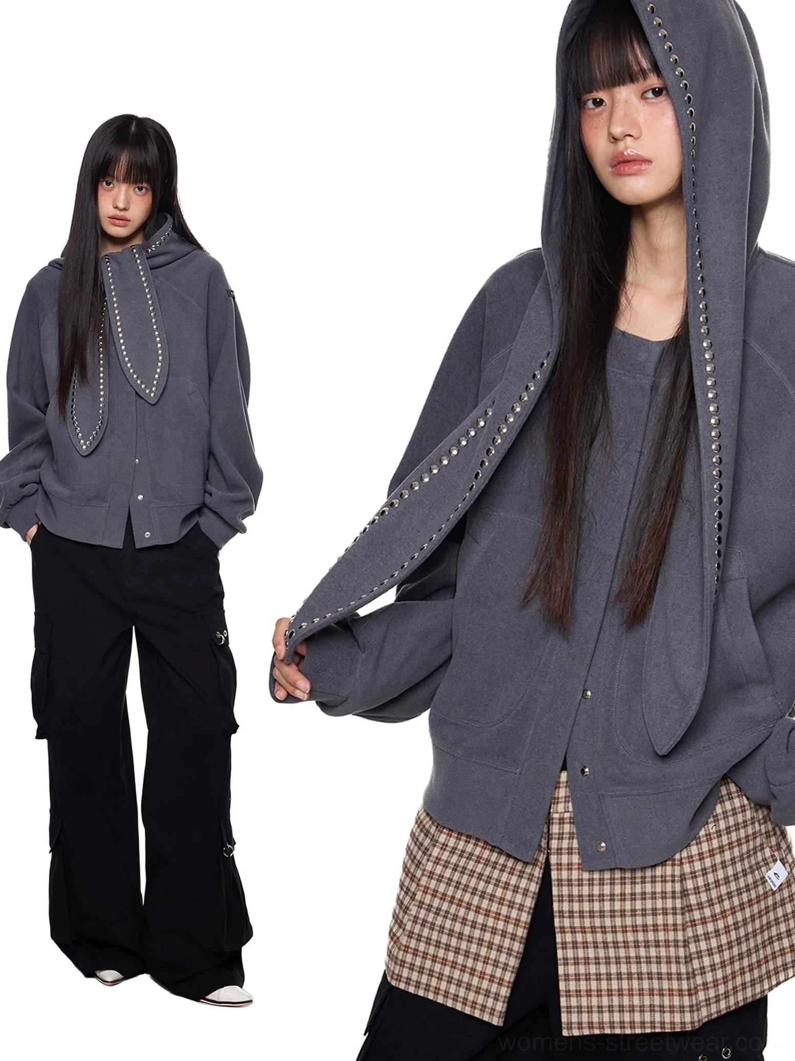 Close-up of black bunny ear hoodie hood with full silver-tone dome stud detailing and soft cotton fleece texture