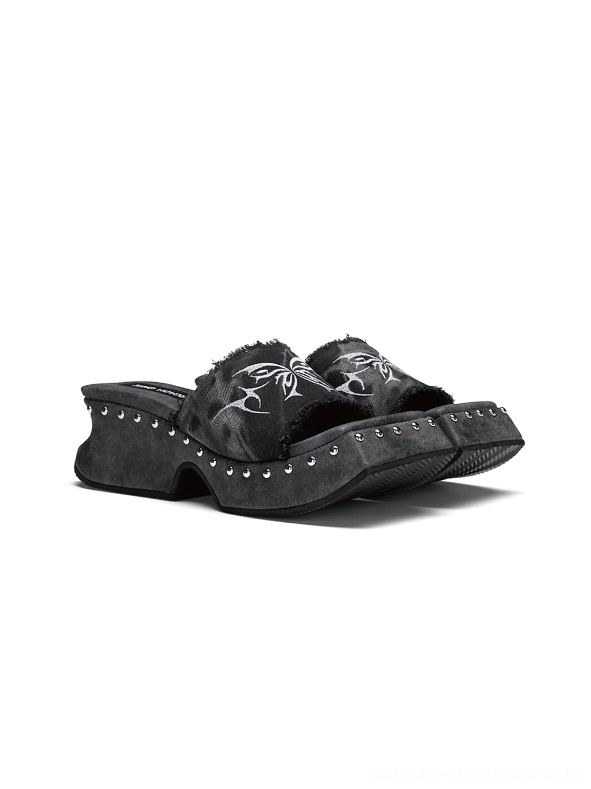 Black butterfly embroidered studded platform mules in alternative Y2K streetwear styling
