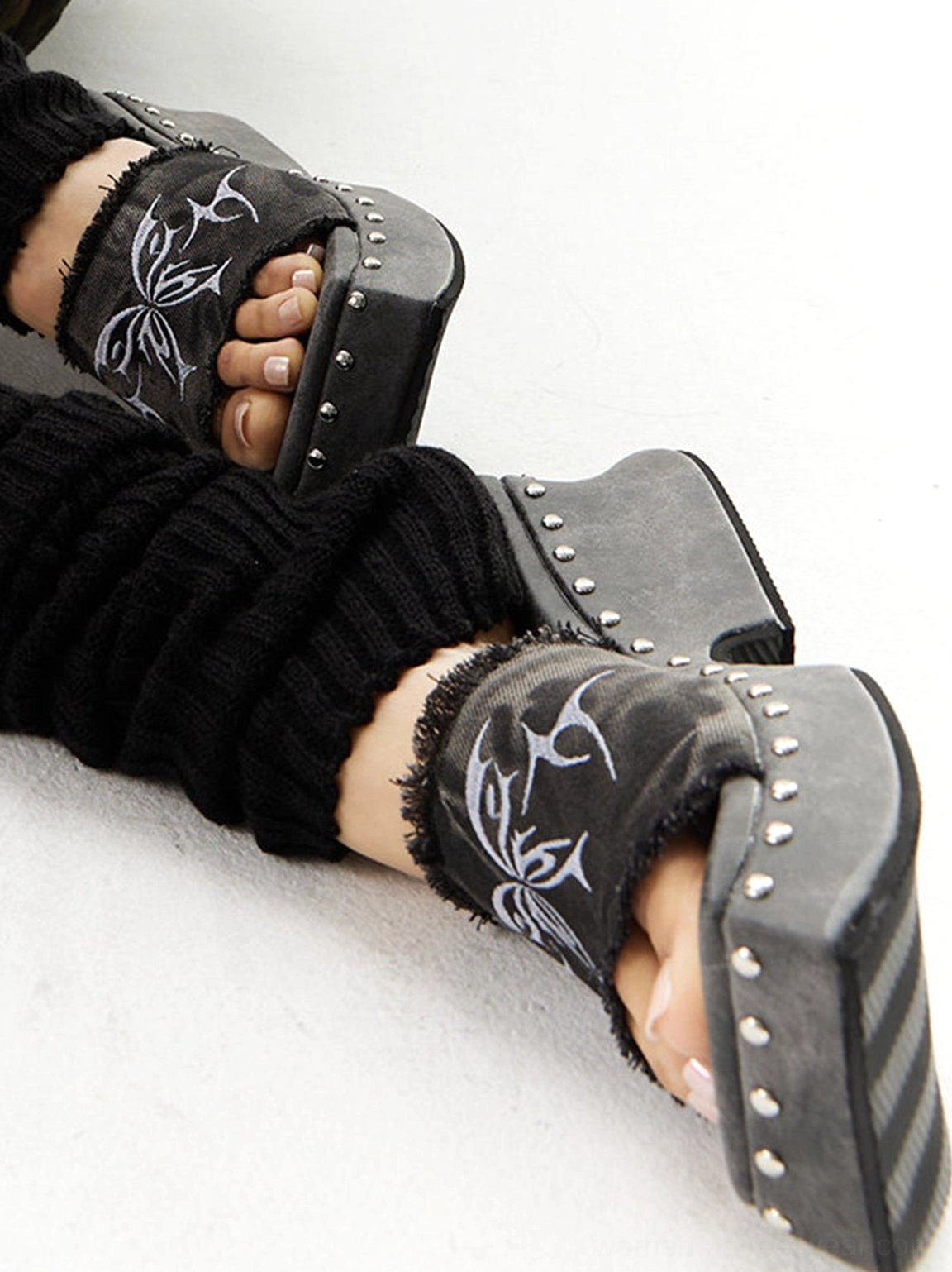 Black butterfly embroidered studded platform mules statement footwear detail for dark feminine outfits