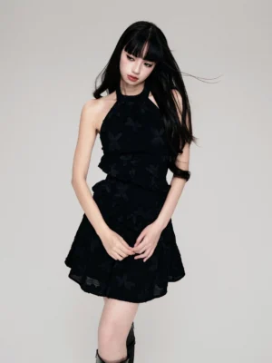 Black butterfly jacquard halter tiered ruffle mini dress front full body view on model