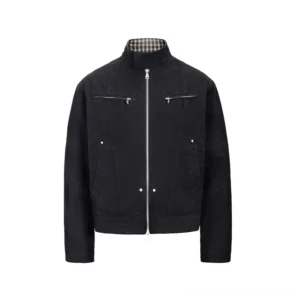 Black canvas Harrington jacket front view with stand collar chest zip pockets and metal rivet details