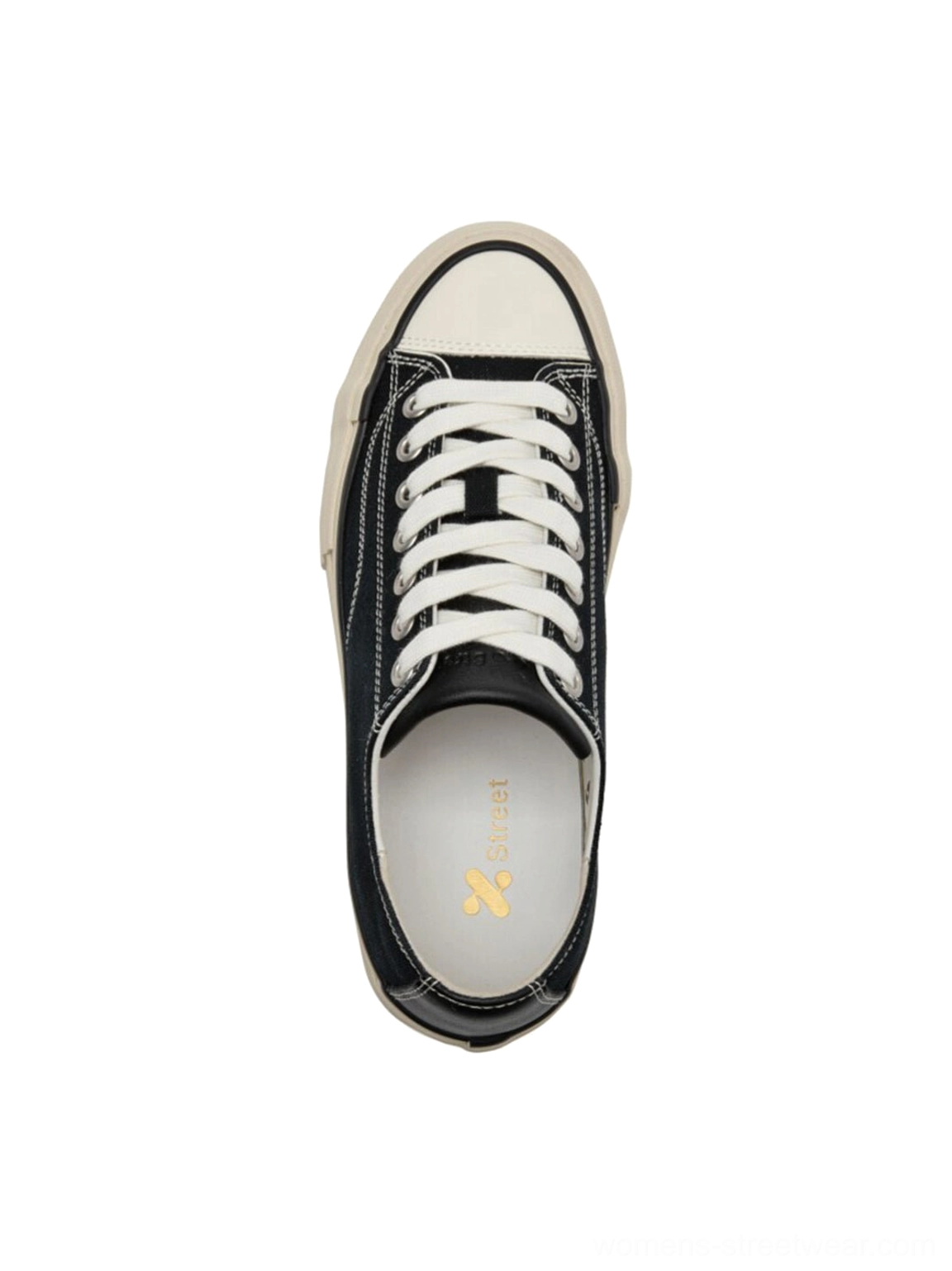 Top-down single sneaker display of black canvas platform shoe with cork midsole, clear branded golden logo insole and lace-up front design