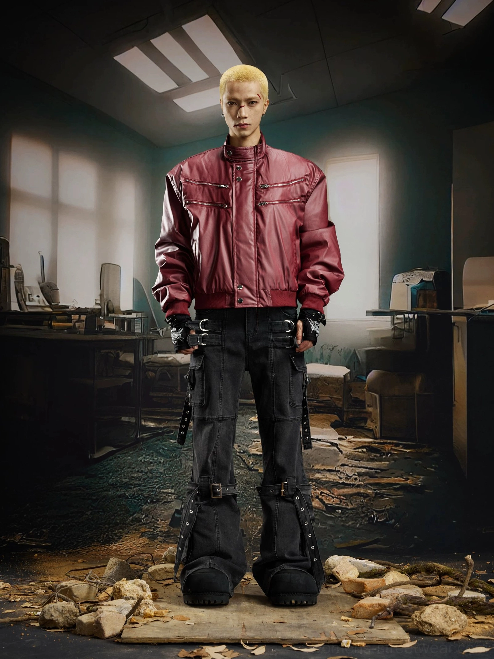 Full body front three-quarter styling of black cargo flare jeans with calf straps, washed denim, oversized proportions, and a wine red bomber jacket
