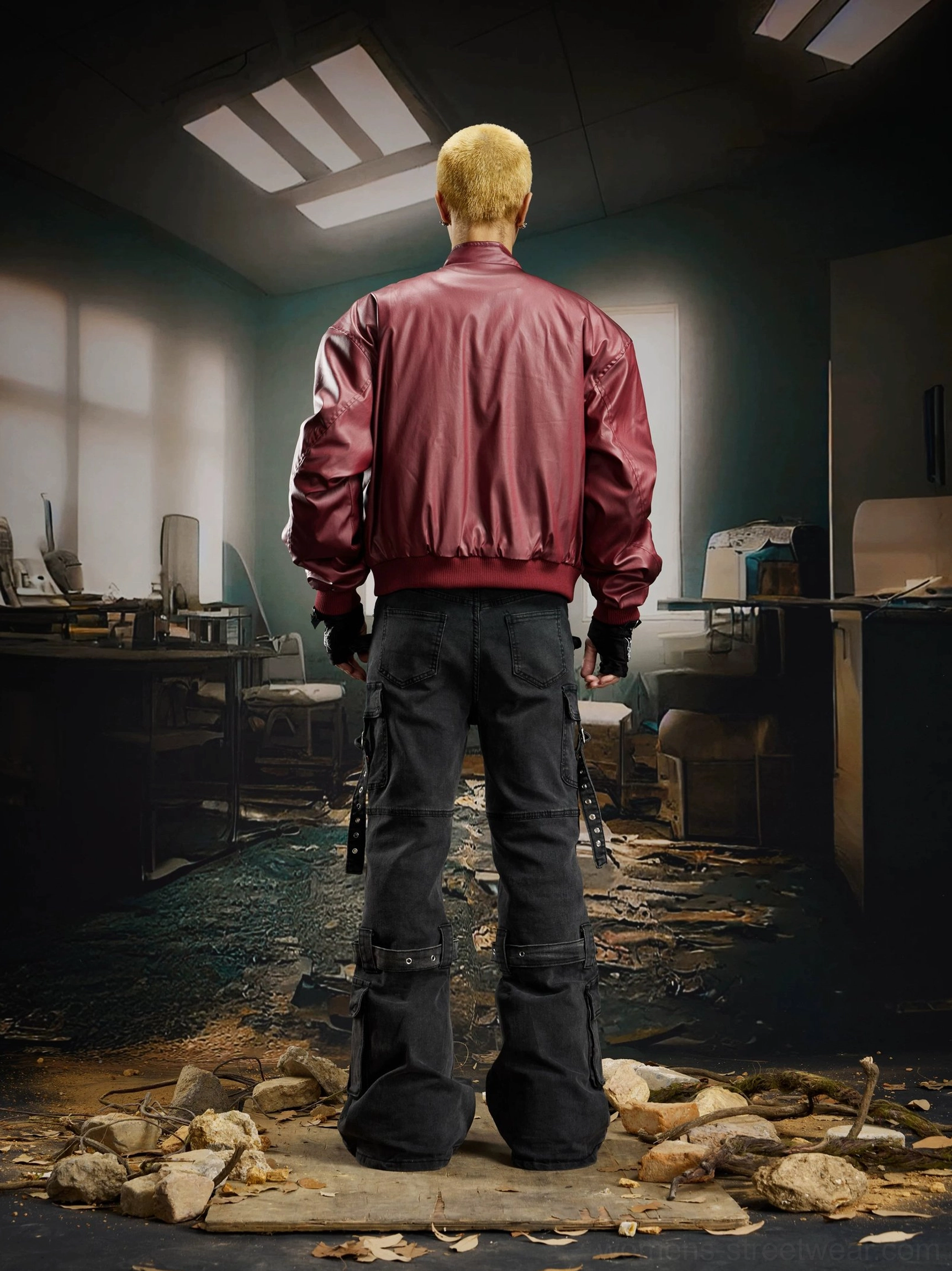 Rear full body outfit showing black cargo flare jeans with subtle strap details styled with a cropped wine red bomber jacket