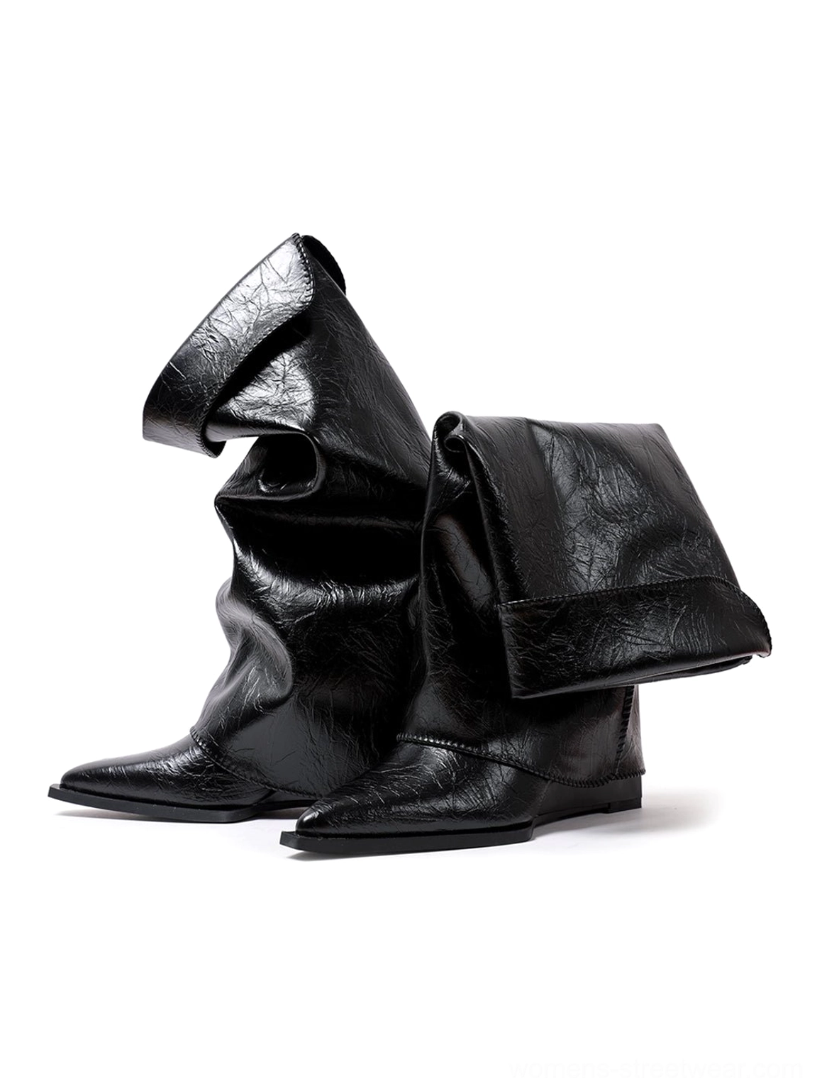 Black chain-trim pointed-toe knee-high riding boots in a fashion-focused product view with textured finish and punk-inspired metal details
