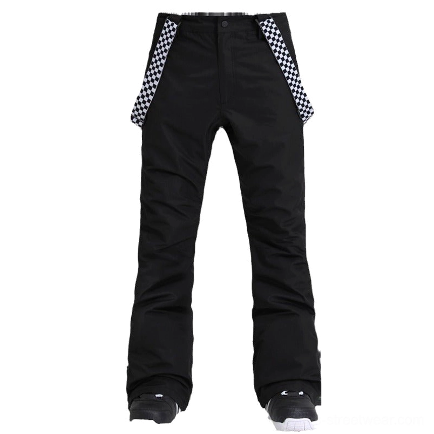 Black unisex detachable snow pants with checkerboard suspenders, insulated construction, and a tailored straight leg fit