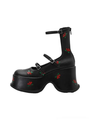 Black cherry embroidered platform Mary Jane shoes side profile with double buckle straps rounded toe and chunky sculpted wedge sole