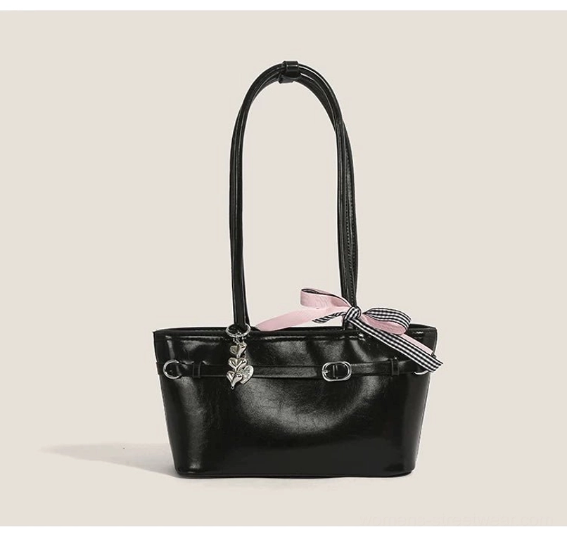 Cherry picnic ribbon baguette bag in black with silk scarf accent, glossy faux leather finish, and Korean Y2K underarm styling