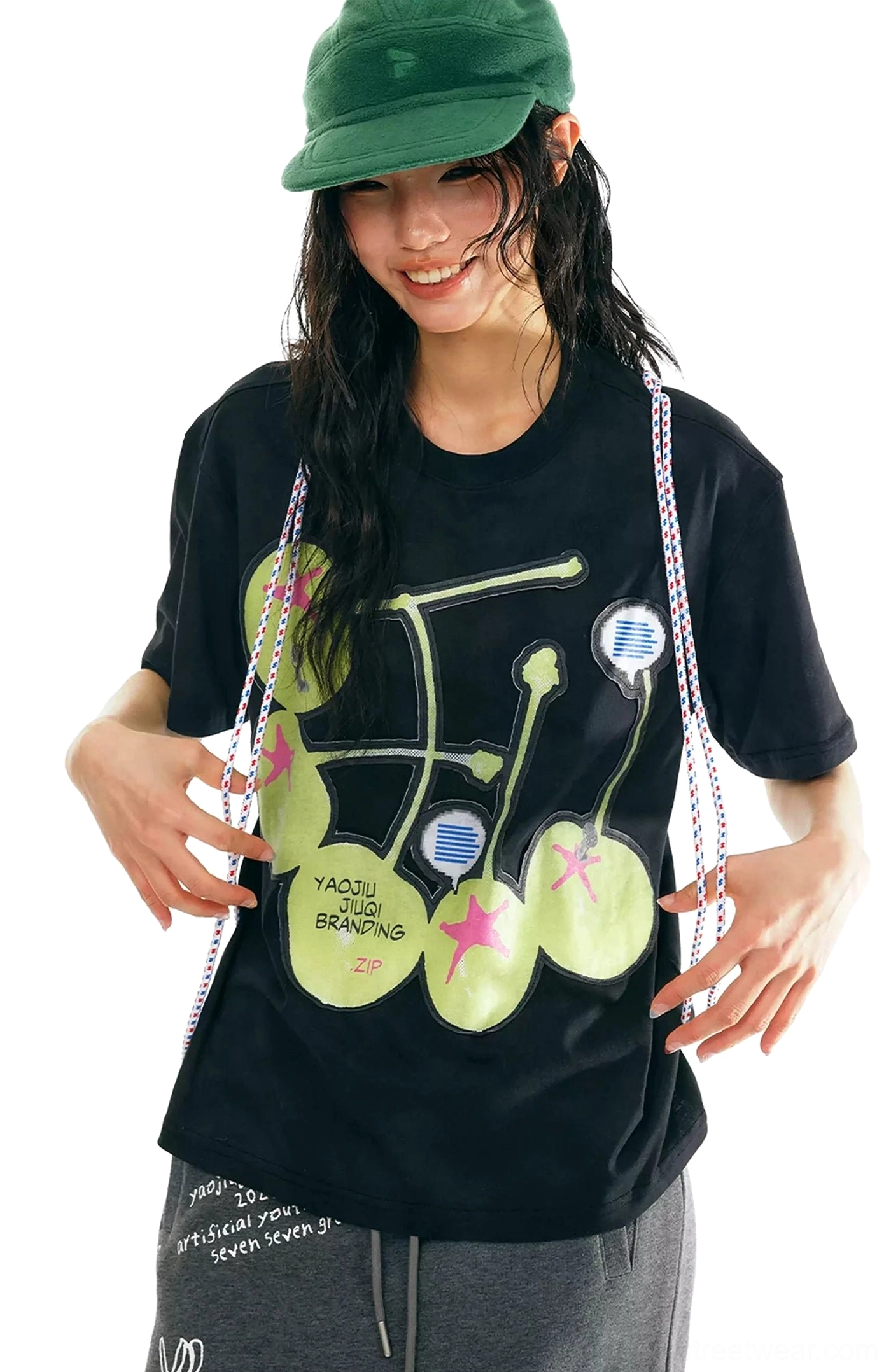 Black cherry pop graphic cotton crew neck t-shirt front view showing detailed lime green cherries lettering and star motifs