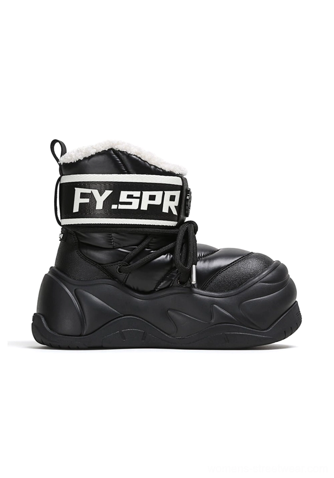 Black chunky faux fur moon boot close-up showing adjustable ankle strap, lace-up upper and sculpted platform outsole