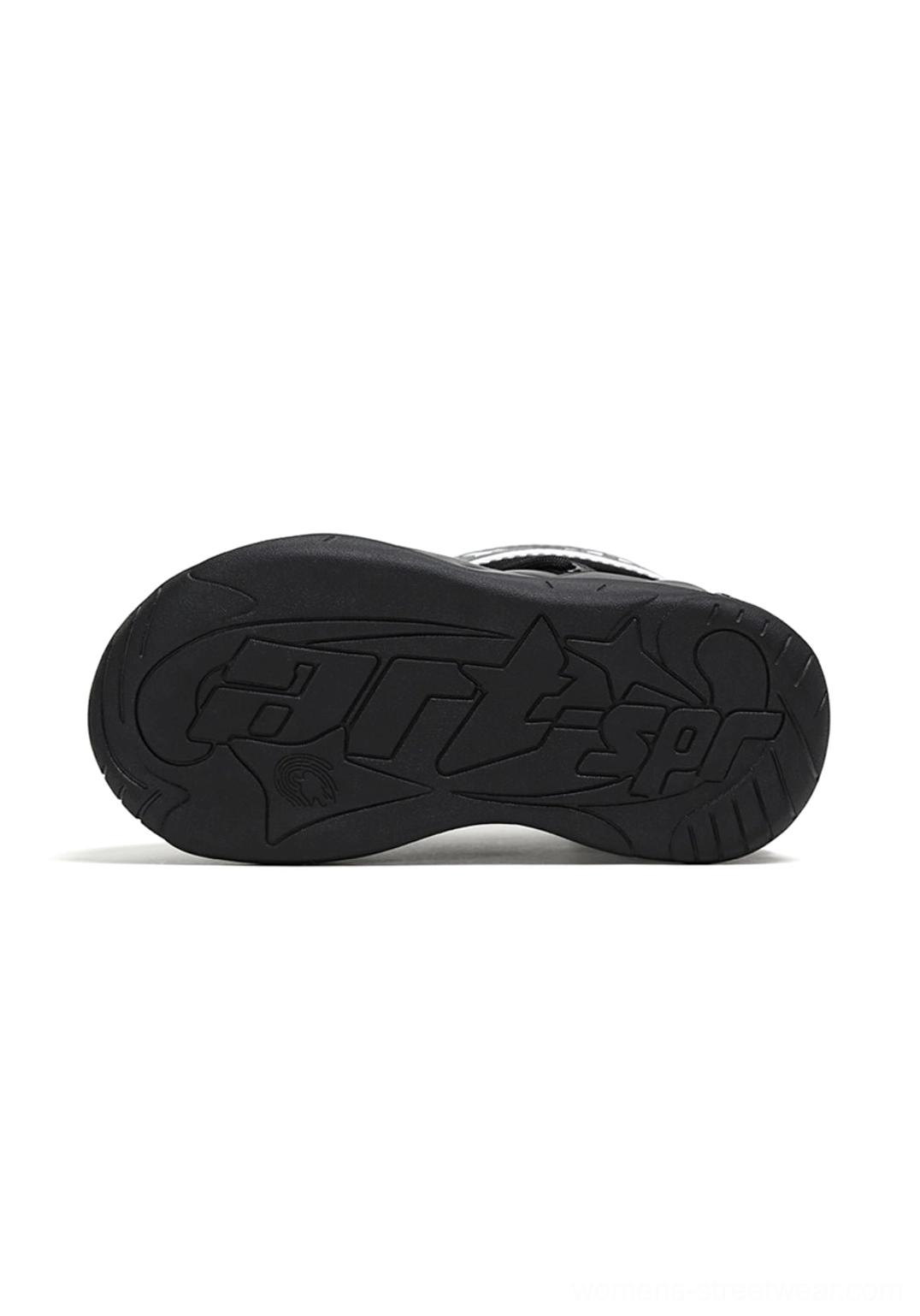 Textured rubber outsole of black chunky moon boots with sculpted traction pattern for winter streetwear footwear