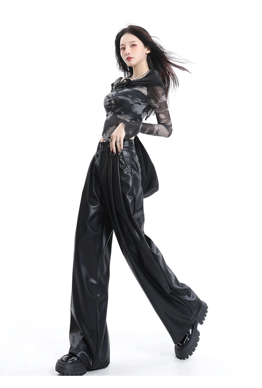 Black and coffee color options of high-waisted wide-leg PU leather streetwear pants with pleated tailored waistband