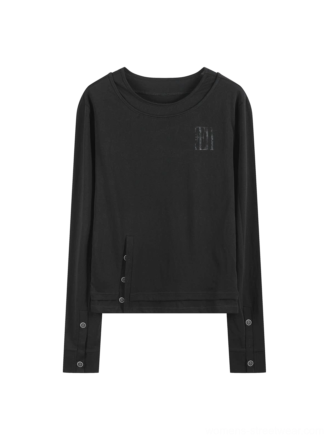 Flat lay of black coffin cross layered long sleeve tee with double crew neck, chest detail, button cuffs, and asymmetric hem
