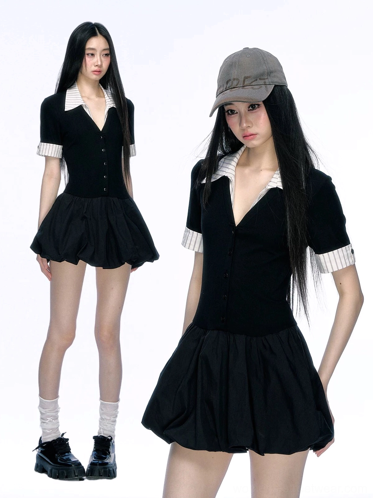 Side view of black contrast collar bubble hem mini dress with striped cuffs and fitted knit bodice in preppy streetwear styling
