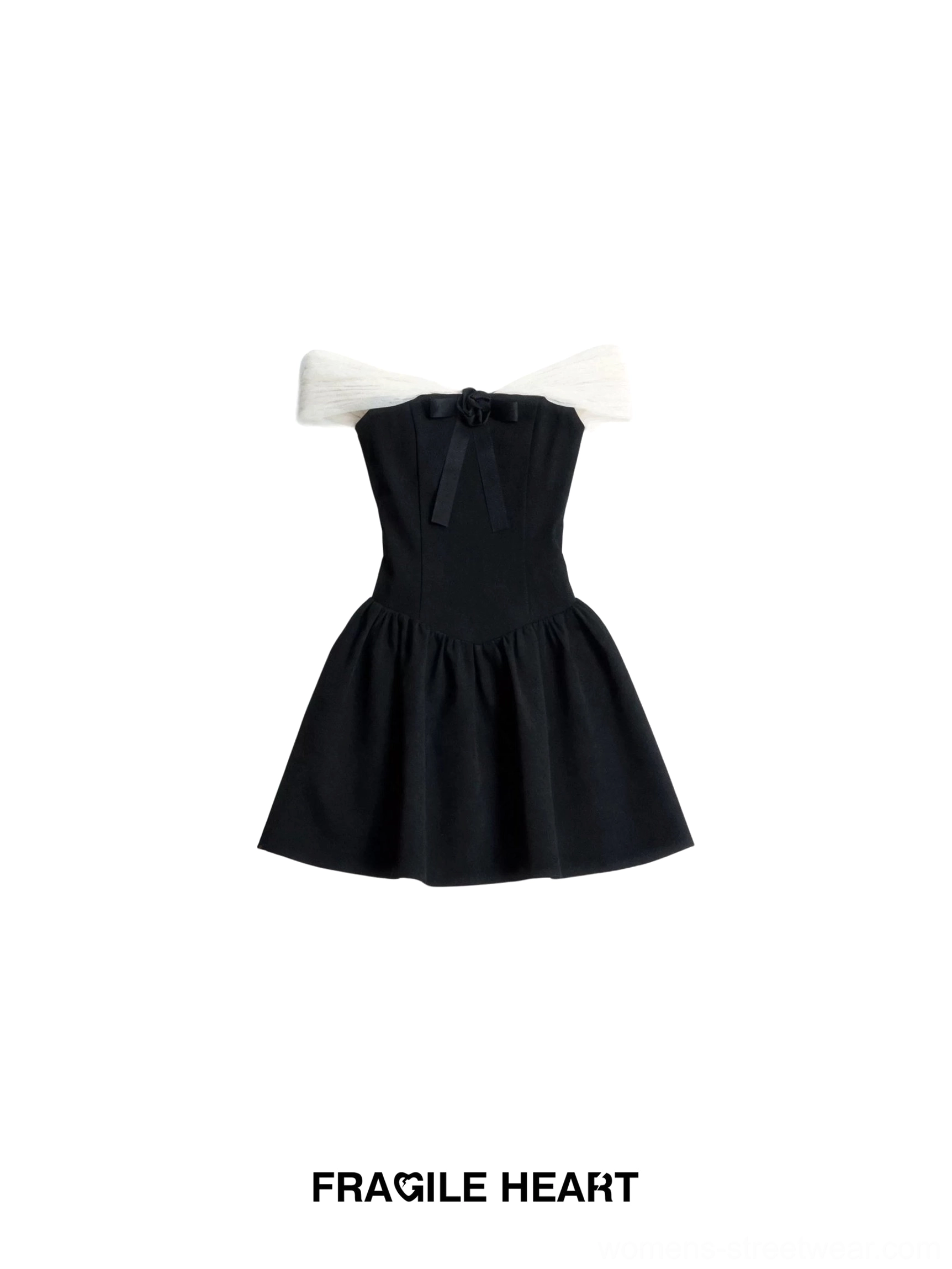 Flat lay front view of a black contrast mesh off-shoulder bow mini dress with fitted waist and flared mini skirt