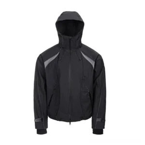Black contrast panel hooded shell jacket front flat lay with high zip collar drawcord hem and zip pockets
