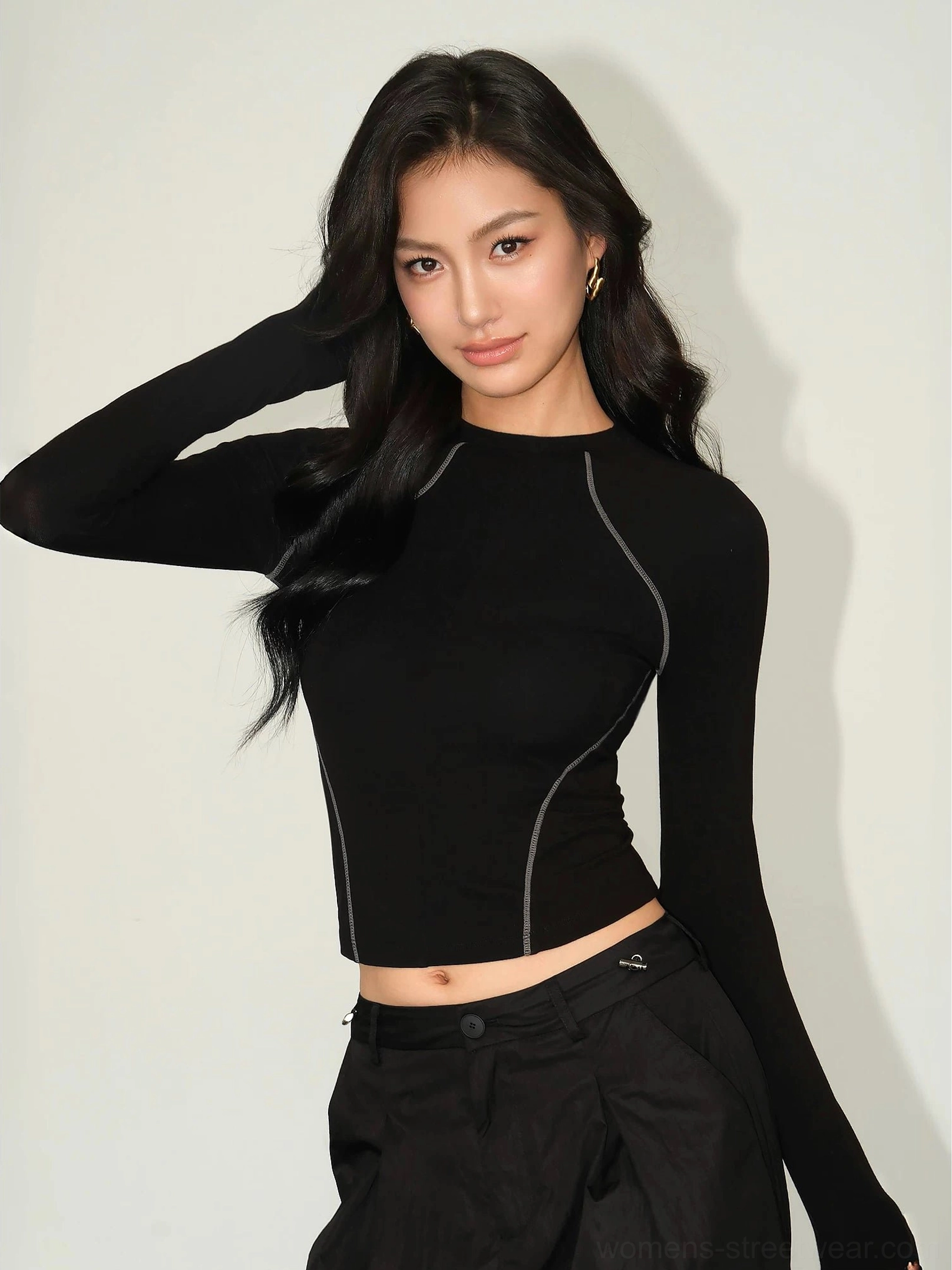 Black contrast stitch long sleeve tee fabric care maintenance instruction washing guide