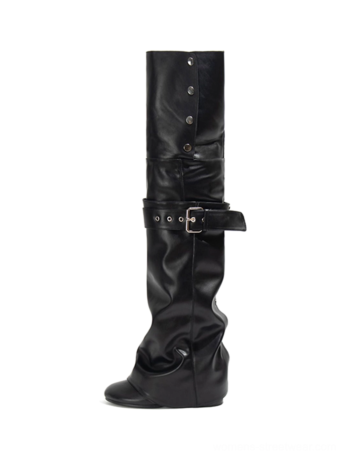 Black convertible foldover over-the-knee slouch riding boot with silver snap buttons and adjustable buckle strap side view