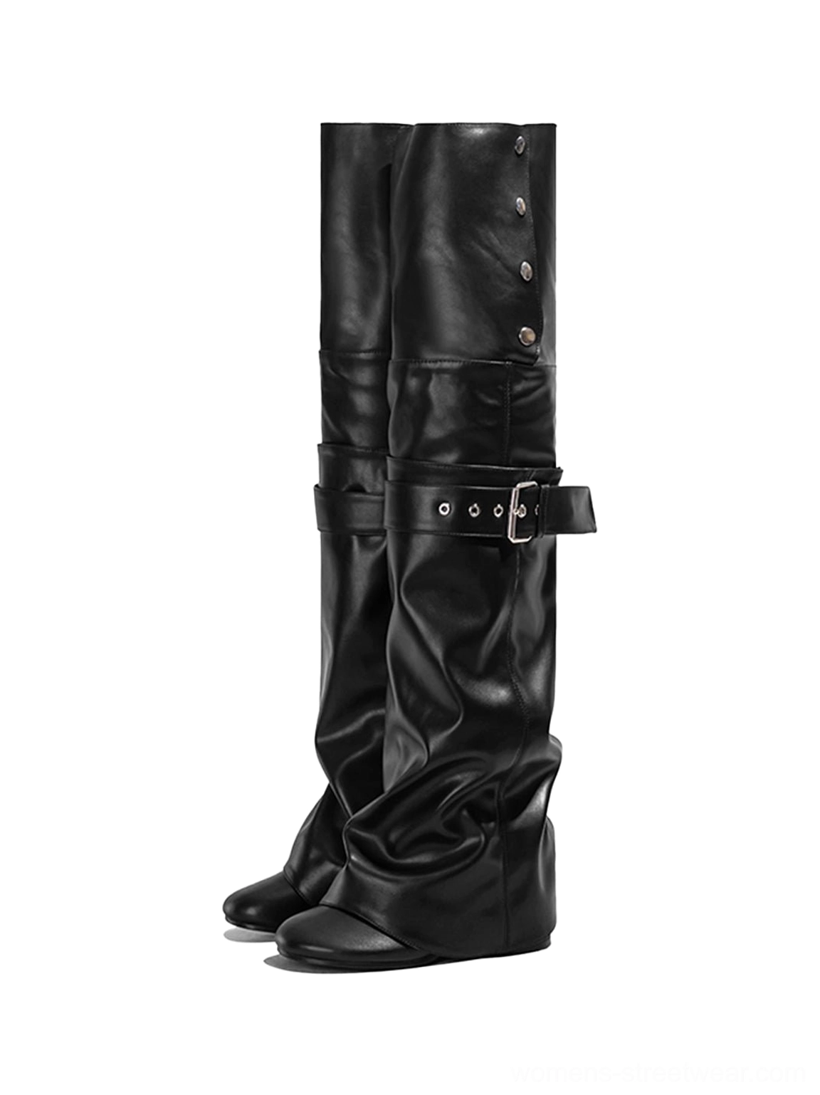 Right side view of black convertible foldover thigh-high riding boots with relaxed slouch shaft and silver buckles