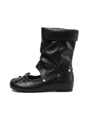 Black convertible tabi ballet sandal boots with detachable slouchy studded shaft shown in left side studio view