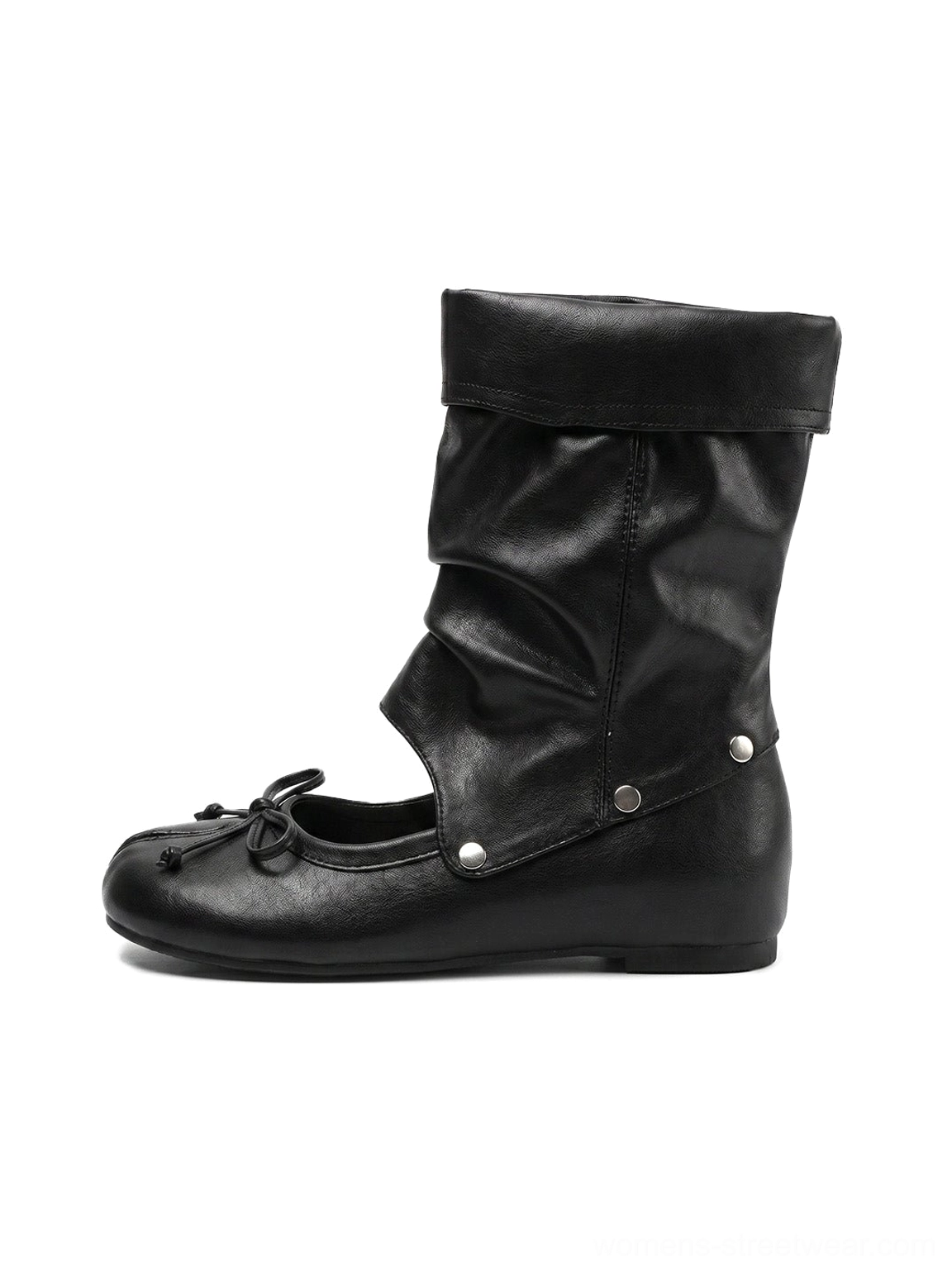 Black convertible tabi ballet sandal boots with detachable slouchy studded shaft shown in left side studio view