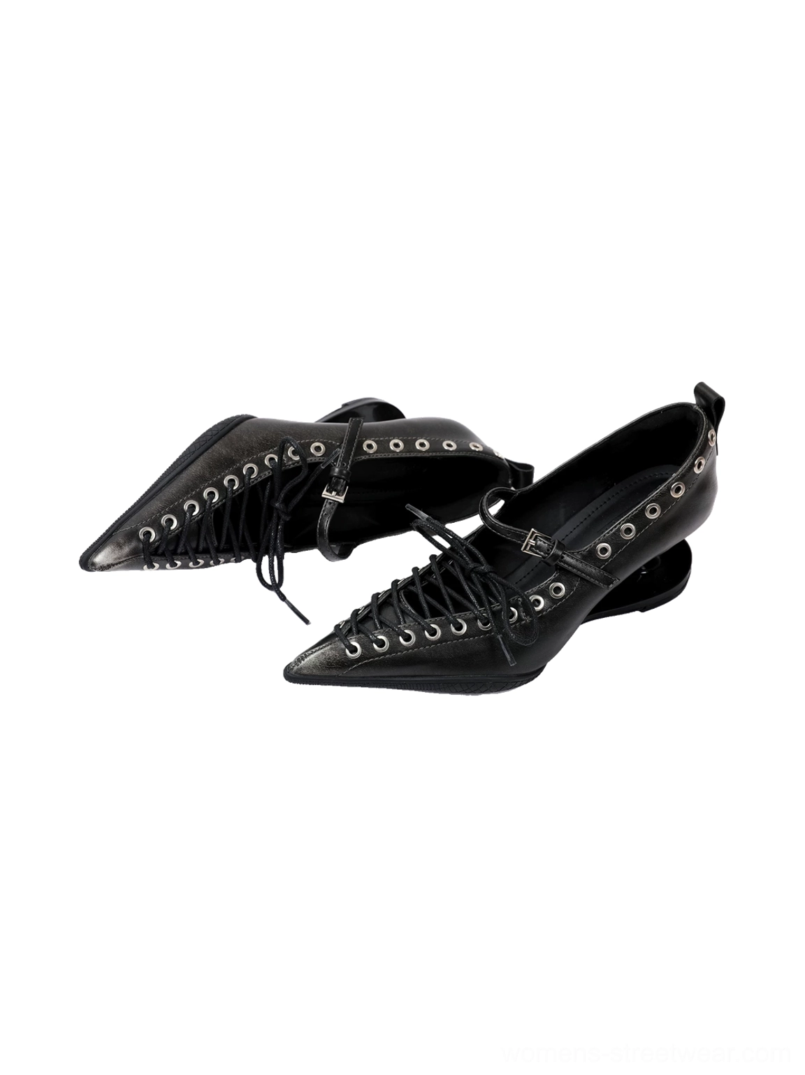 Overhead angled view of black pointed Mary Jane wedge pumps with corset lacing, silver eyelets, rear pull tabs, and buckle closures