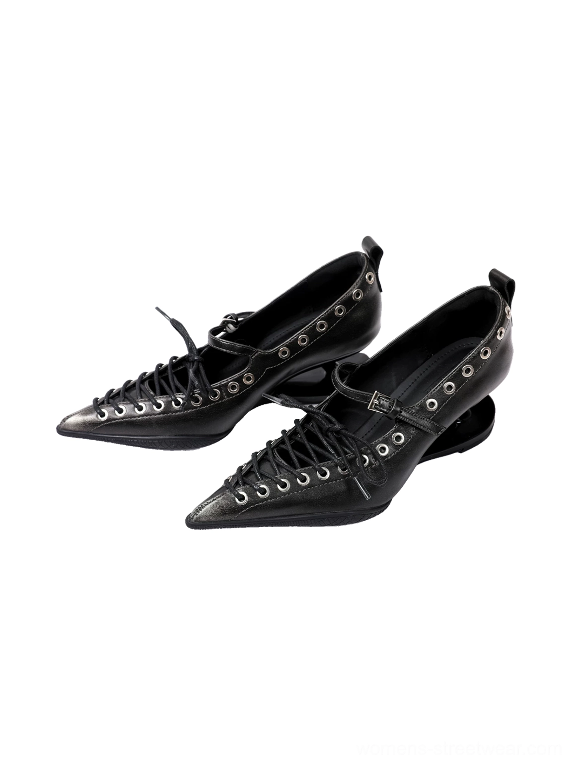 Side view of black pointed lace-up Mary Jane pumps featuring silver grommet trim, ankle buckle straps, and low curved wedge heels