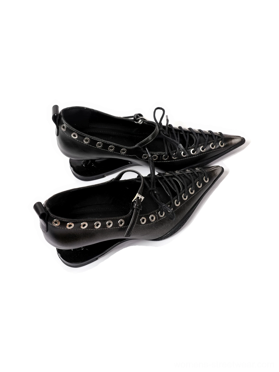 Black corset-lace pointed heel pumps styling reference with matte finish, metal grommets, lace-up vamp, and sculpted block heel