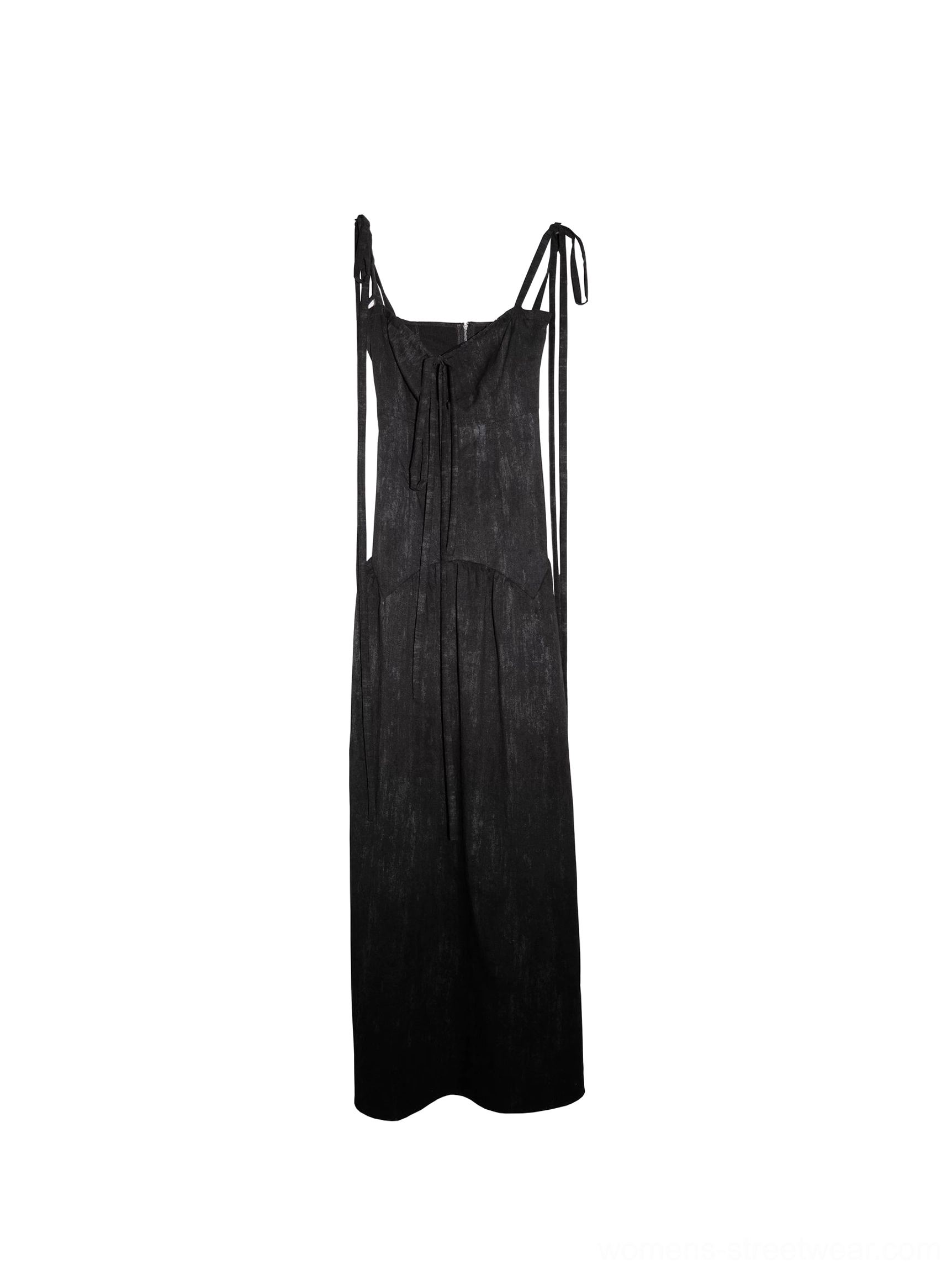 Flat lay product view of a black corset maxi dress showing adjustable tie straps, front lace-up bodice, rear zipper, textured woven fabric, and full-length cut