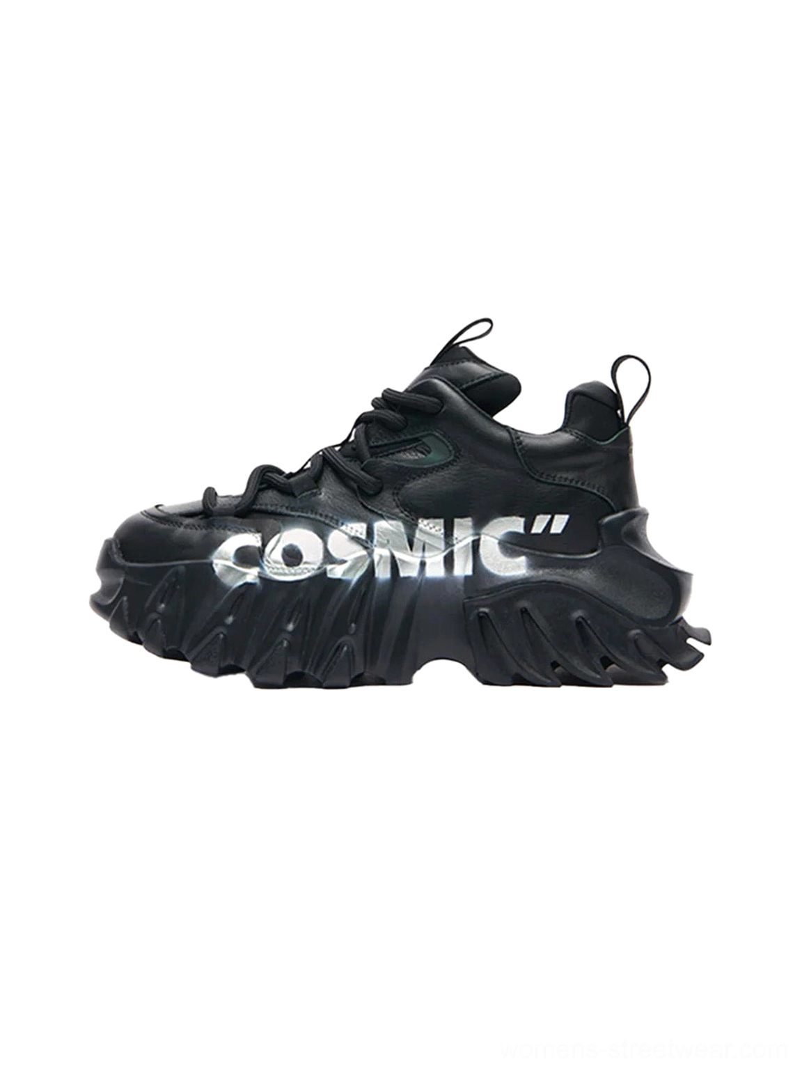 Black graphic platform derby shoes with white cosmic lettering, matte leather upper, and jagged sculpted chunky outsole