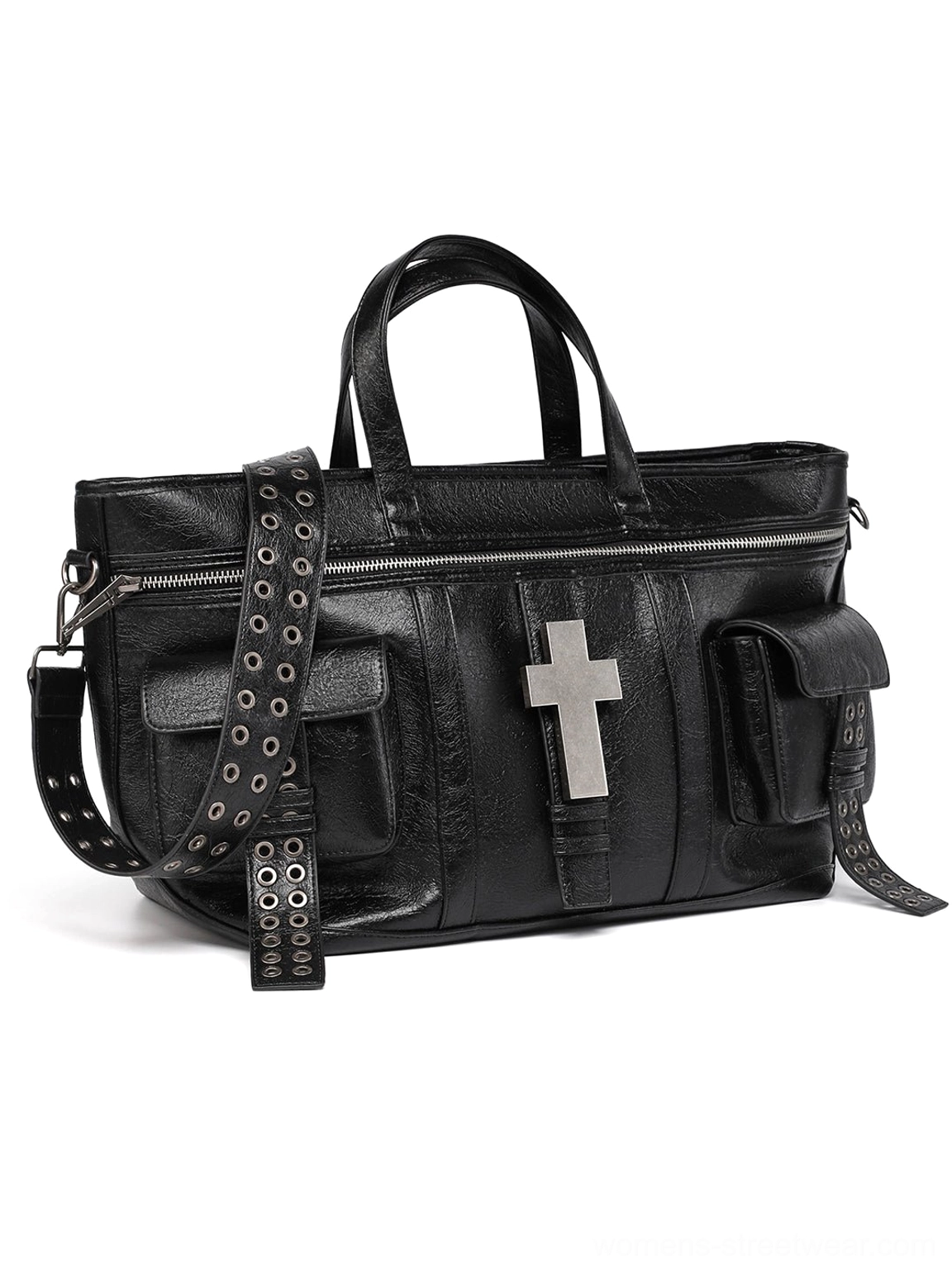 Black cracked leather cross tote bag front view with silver cross hardware, top handles, zip closure, and detachable eyelet-studded shoulder strap