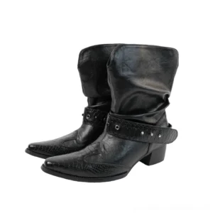Black croc-panel Western ankle boots with pointed toe, buckled ankle strap, slouchy shaft, and block heel shown on a white background