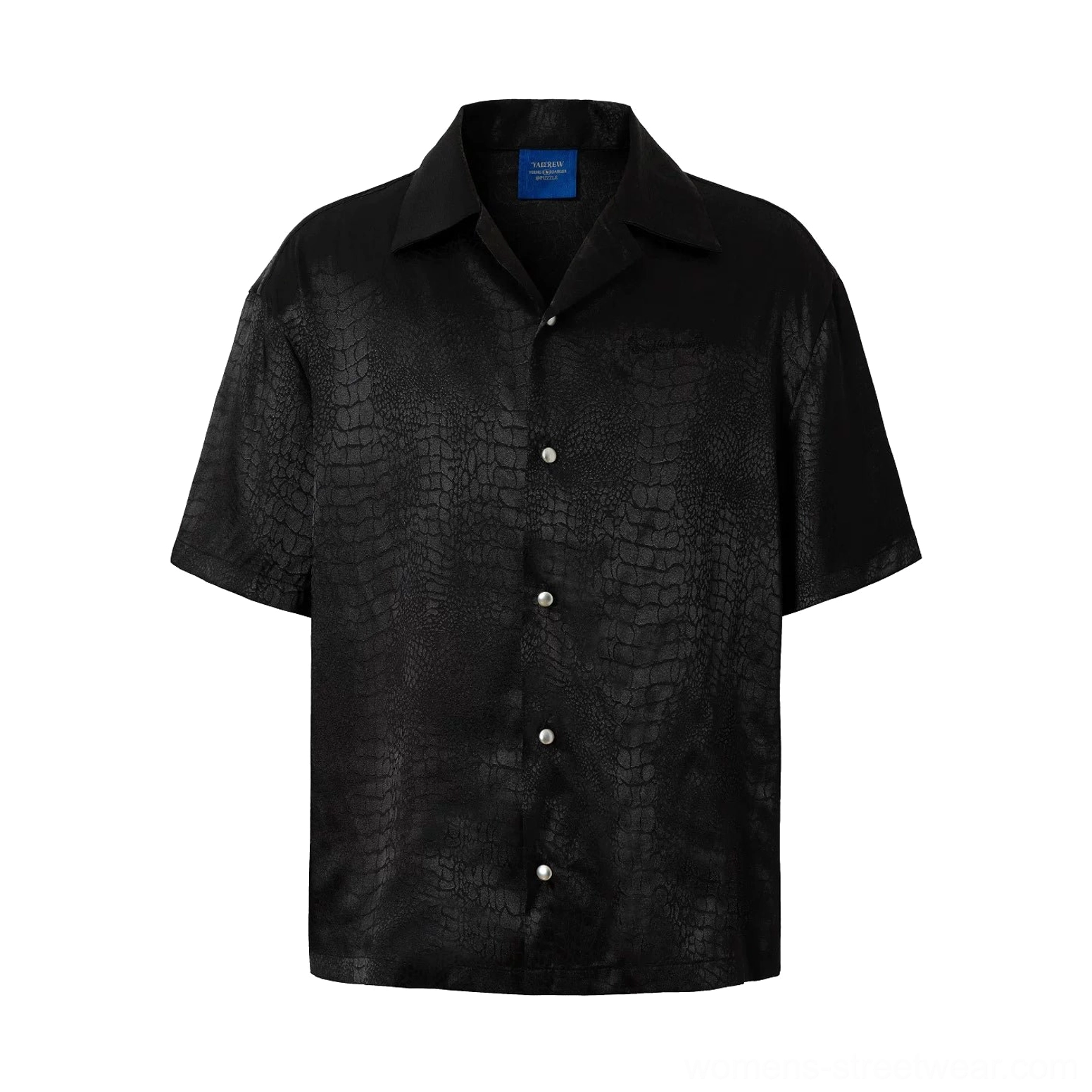 Flat lay front view of black crocodile jacquard satin streetwear shirt with open collar, button placket, short sleeves, and full silhouette