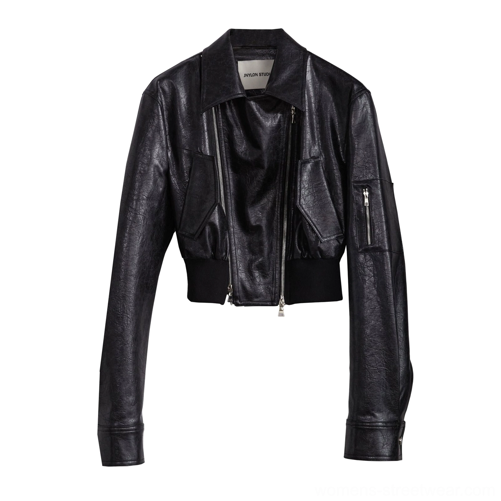 Black cropped biker jacket for women featuring smooth faux leather texture, oversized sleeves, asymmetrical front closure, silver zippers, and Seoul-inspired street fashion
