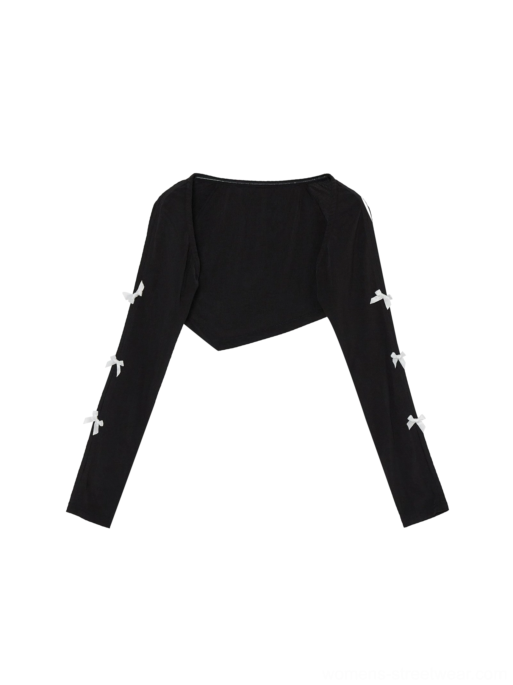 Flat lay front view of a black cropped bolero cardigan with square back neckline, multiple sleeve slits, and bow details