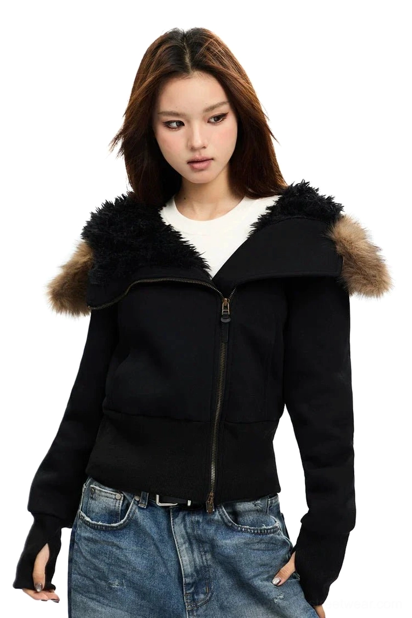 Black cropped faux-fur hood zip-up hoodie with two-tone trim styled with loose blue denim for a Y2K streetwear outfit