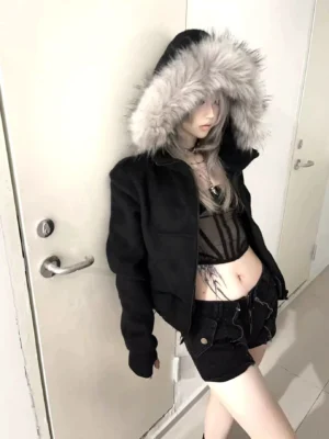 Three-quarter front view of a black cropped streetwear hoodie with oversized grey faux fur trimmed hood, full zip closure, and fitted waist silhouette