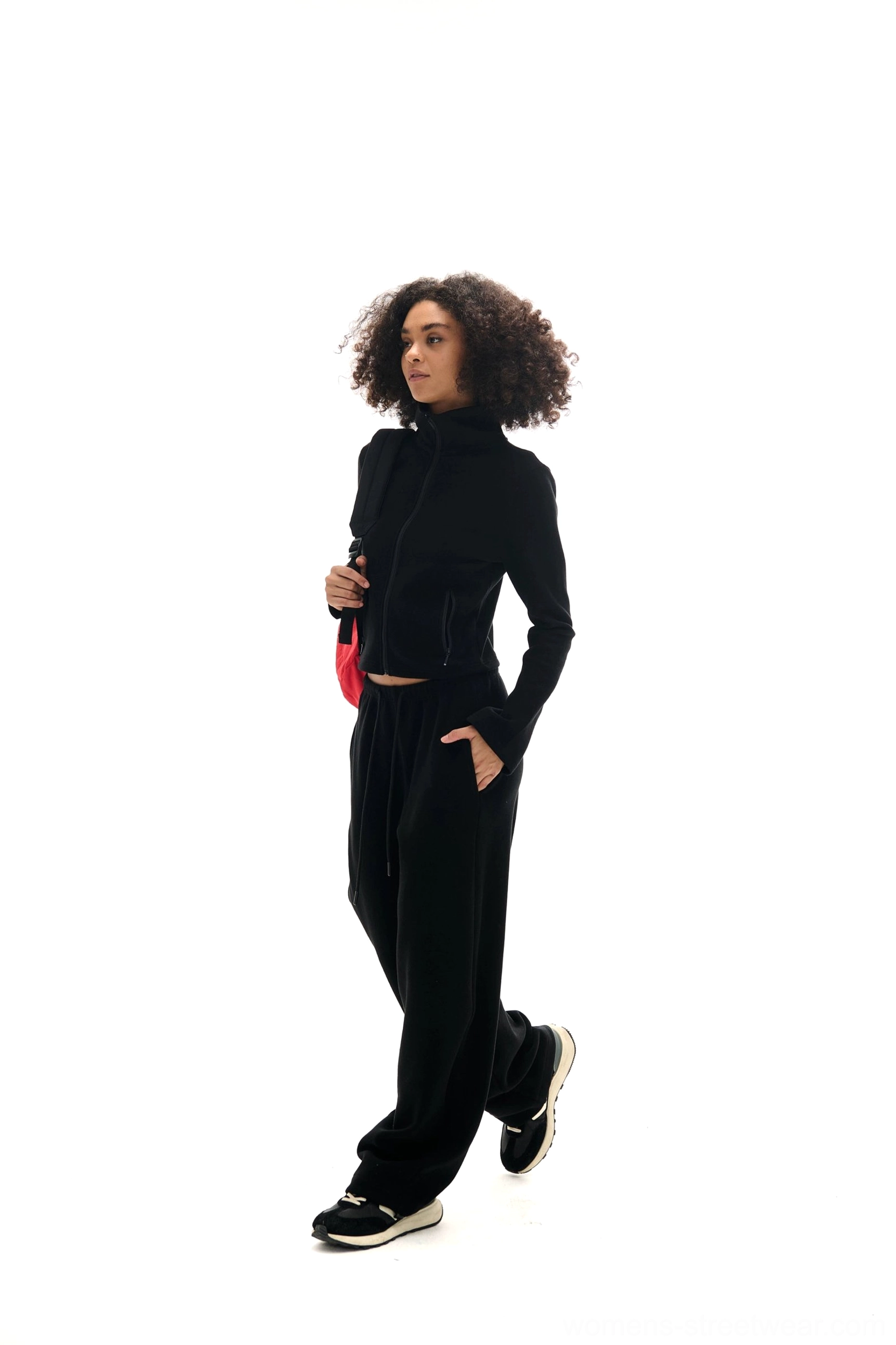 Black color cropped high collar sweatshirt and matching wide-leg sweatpants variation