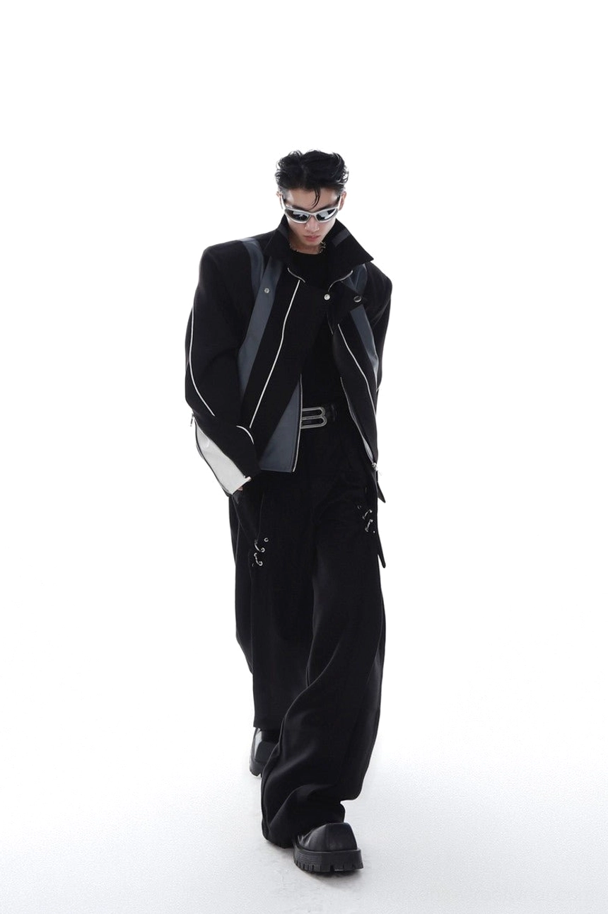 Black cropped layered PU leather biker jacket styled with belted cargo pants and chunky shoes in a futuristic Seoul streetwear outfit