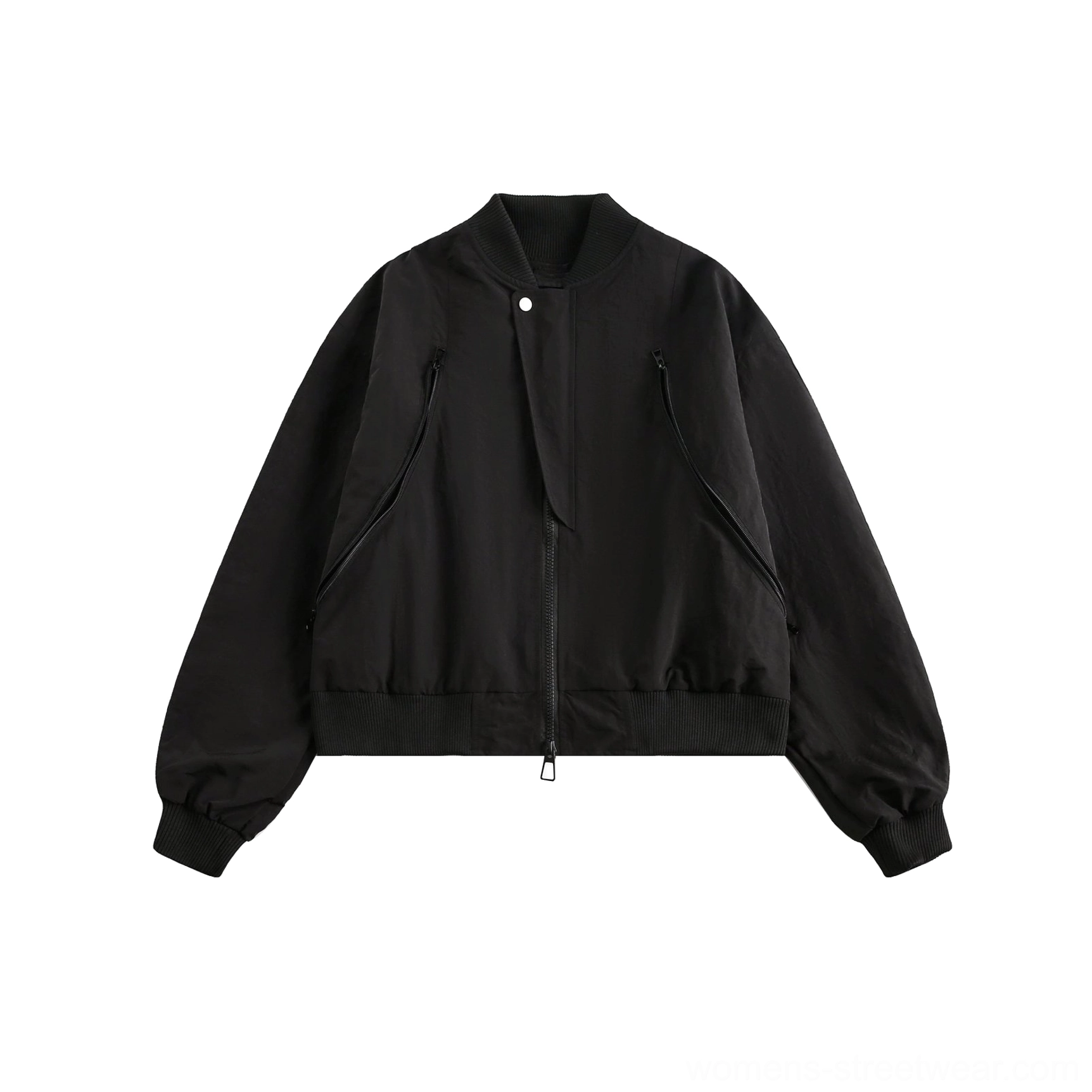 Flat lay of a black cropped matte flight bomber jacket with stand collar, zip pockets, ribbed cuffs, and hem