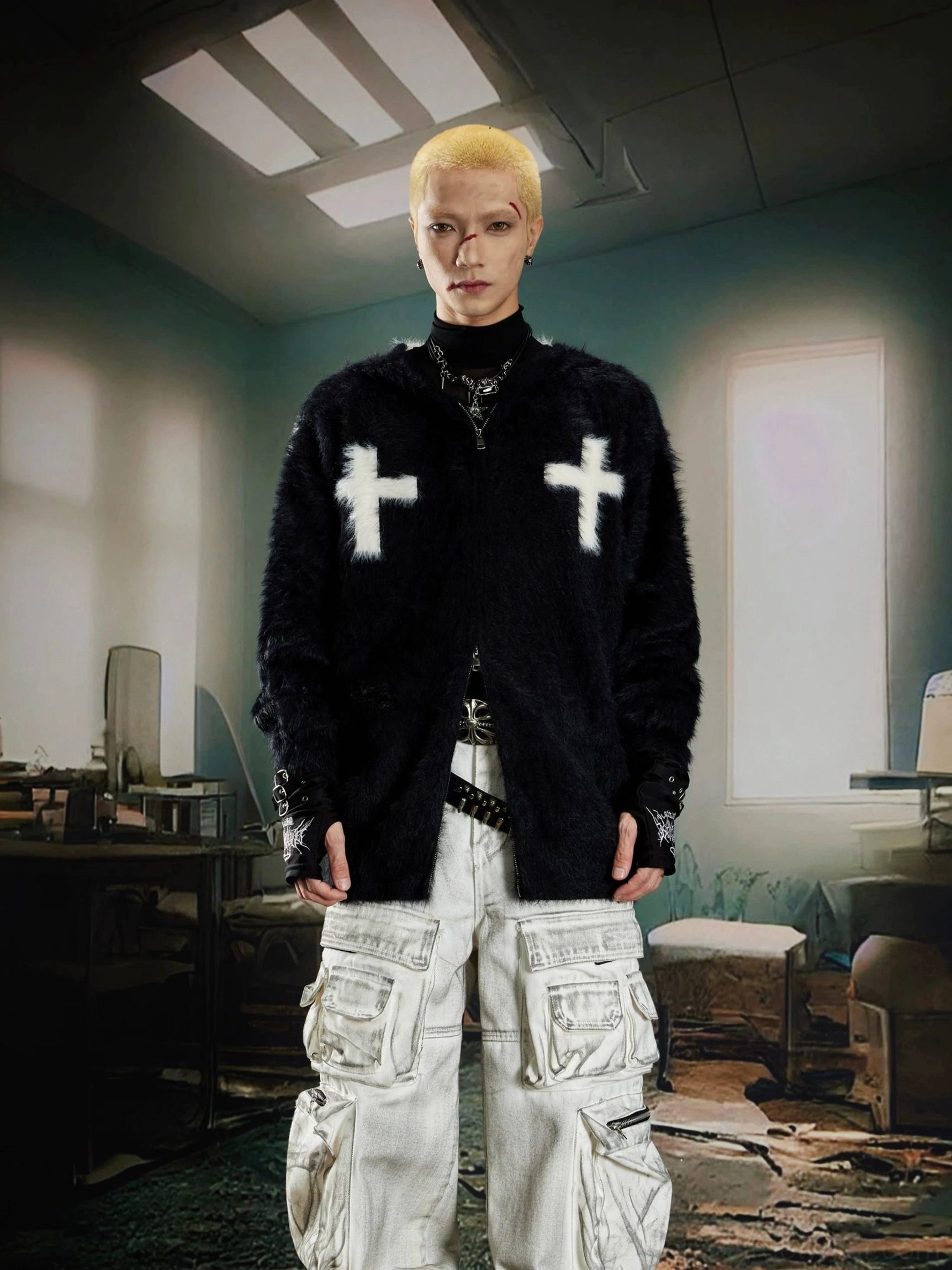 Black crucifix cross faux fur zip hoodie with hooded streetwear styling and plush texture