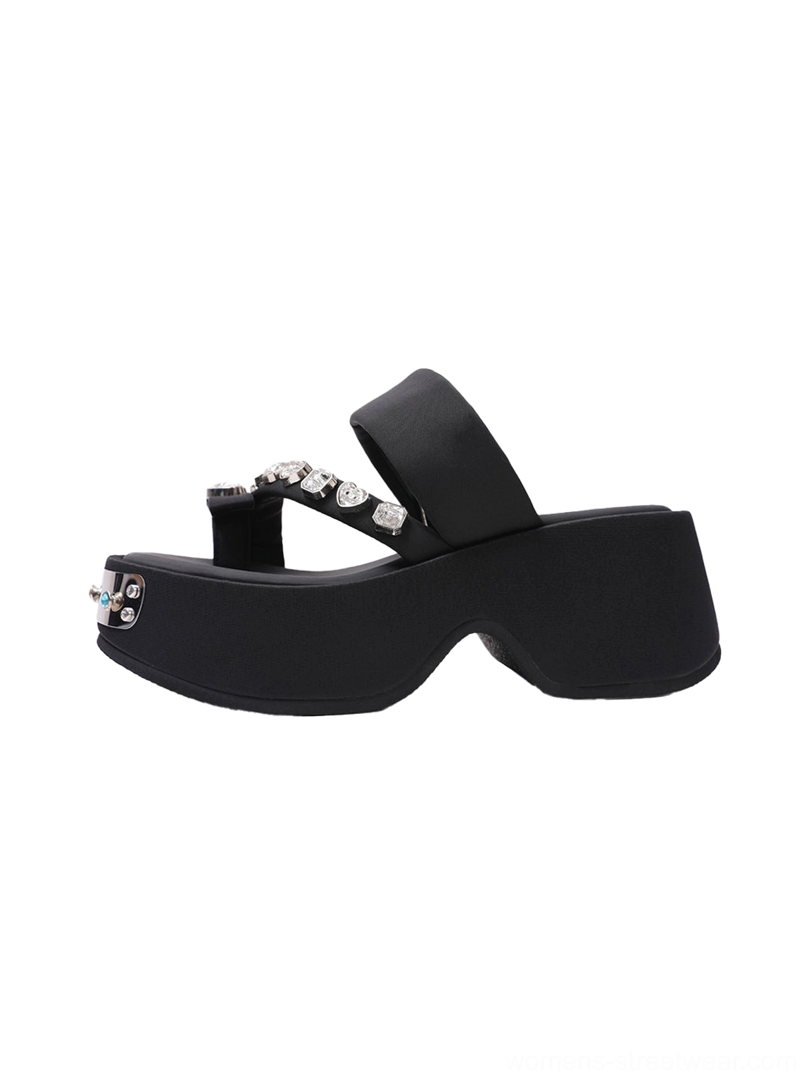 Black crystal-trimmed platform thong slides shown in a left side profile with chunky black sole, silver gemmed toe hardware, and sparkling streetwear sandal details