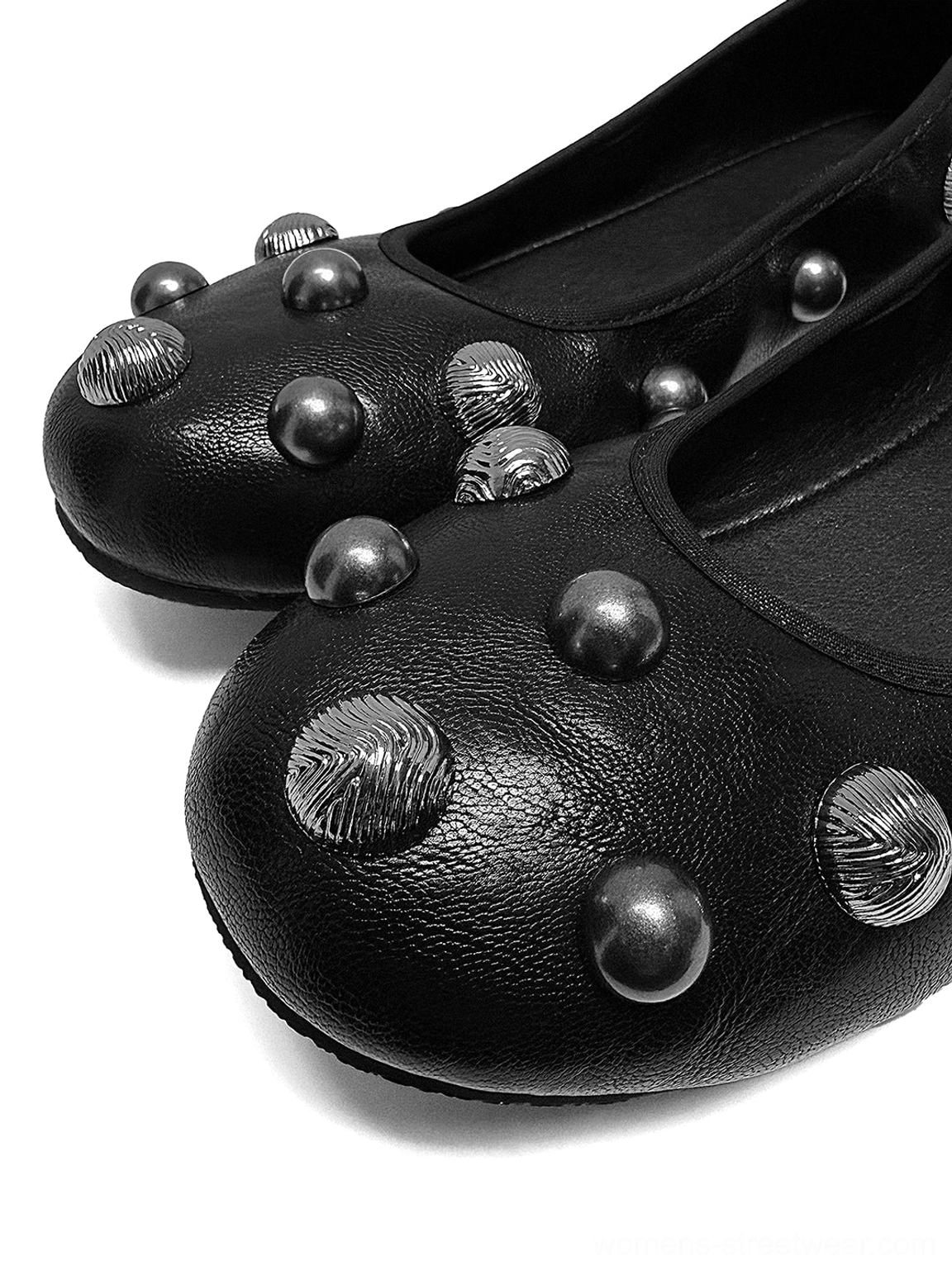 Black embellished ballet flats product image showing rounded toe styling, crystal studs, and versatile Korean streetwear appeal