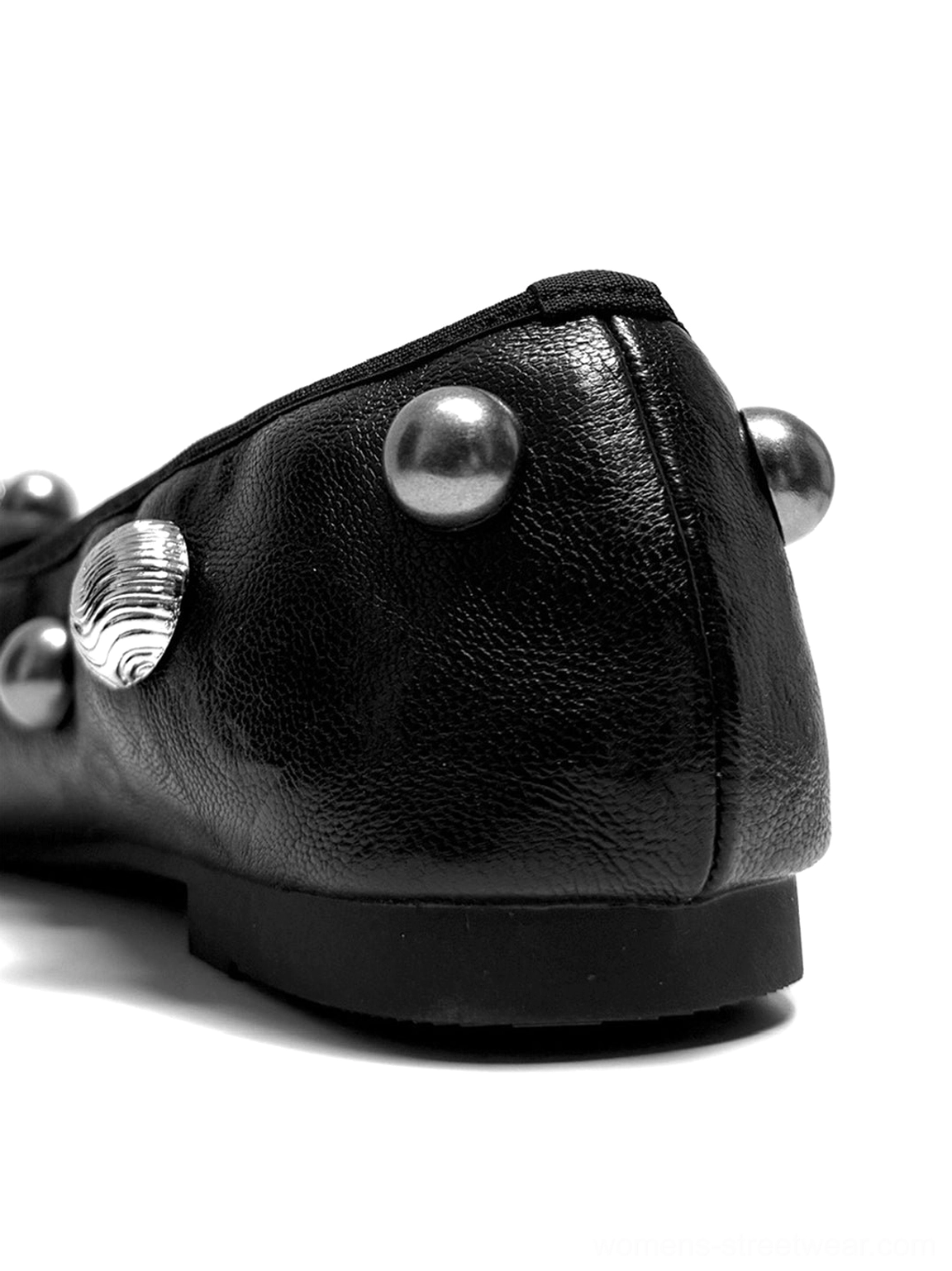 Black studded ballet flats product image highlighting the smooth black upper, crystal details, gathered opening, and flat sole
