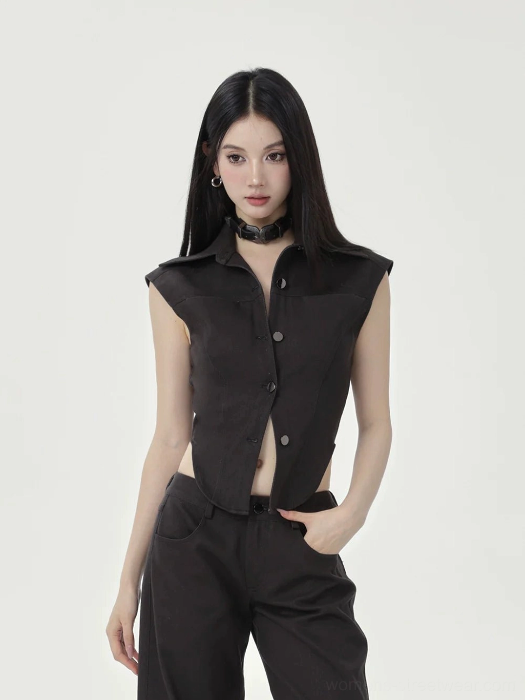 Black curved hem cropped button-up top with fitted waist silhouette and wide-leg tailored trousers front view