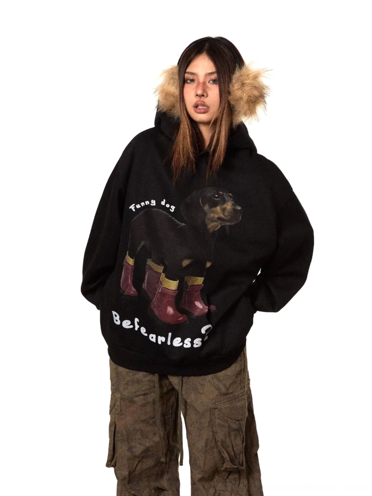 Black oversized dog graphic hoodie with dachshund wearing red rain boots, fearless slogan, and textured hood trim shown from the front