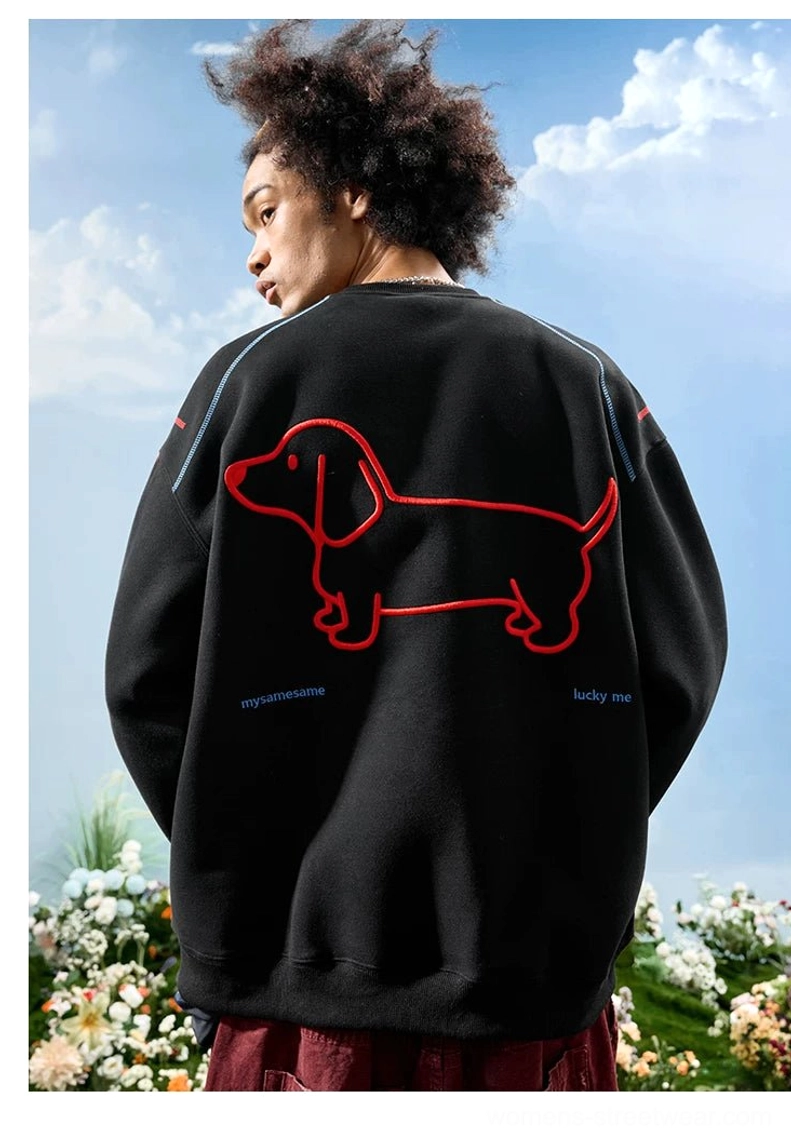 Black dachshund embroidered oversized sweatshirt back view with large red dog embroidery and small lower hem text detail
