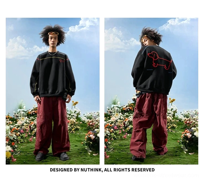 Black dachshund embroidered oversized sweatshirt shown in front and back full-body views styled with wine red wide-leg trousers